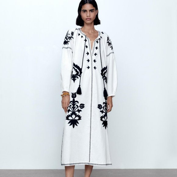 Zara Dresses & Skirts - Zara White And Black Midi Embroidered Tunic / Kaftan Midi Dress